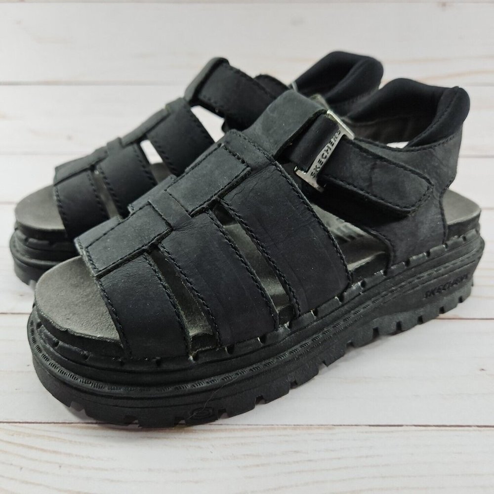 Skechers‎ Youth Size 1 Black Chunky Leather Sandals Platform Y2K 90s Grunge